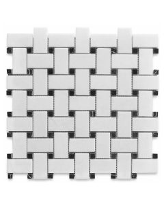 Thassos White 1x2 Basketweave Mosaic Tile w/ Black Dots Honed
