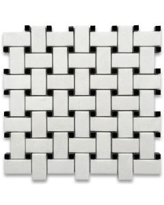 Thassos White 1x2 Basketweave Mosaic Tile w/ Black Dots Polished