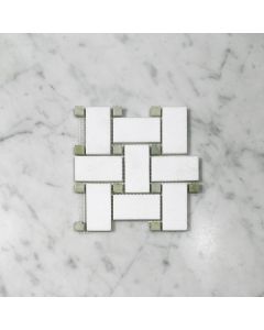 Thassos White 1x2 Basketweave Mosaic Tile w/ Green Dots Honed