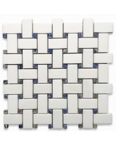 Thassos White Marble 1x2 Basketweave Mosaic Tile w/ Blue Dots Honed