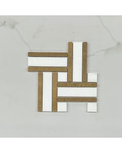 Thassos White Marble 1 inch Twine Basketweave Mosaic Tile w/ Yellow Woodgrain Honed