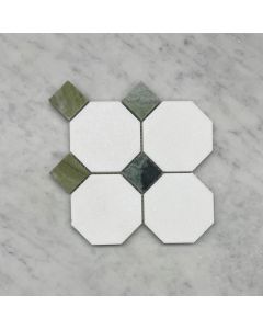 Thassos White Marble 3 inch Octagon Mosaic Tile w/ Sagano Green Dots Honed