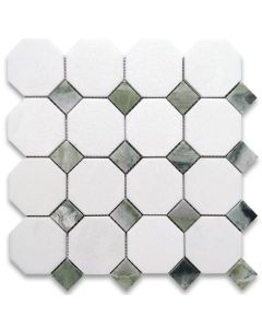 Thassos White Marble 3 inch Octagon Mosaic Tile w/ Sagano Green Dots Honed