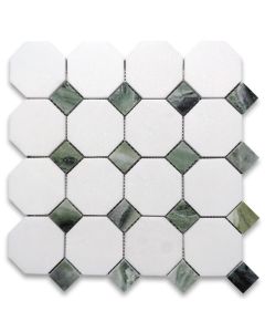 Thassos White Marble 3 inch Octagon Mosaic Tile w/ Sagano Green Dots Polished