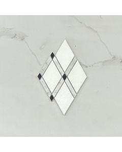 Thassos White Marble Diamond Lattice Mosaic Tile w/ Carrara White Nero Marquina Black Honed