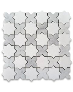 Thassos White Marble 2 inch Cross Star Mosaic Tile w/ Carrara White Honed