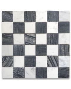 Silver Wave Black Forest Carrara White Marble 2x2 Checkerboard Mosaic Tile Honed