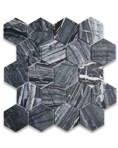 Silver Wave Black Forest Marble 3 inch Hexagon Mosaic Tile Honed