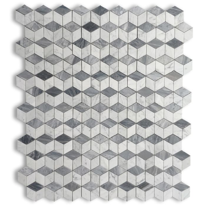 Carrara White Marble 2x3 Illusion 3D Cube Rhombus Diamond Hexagon