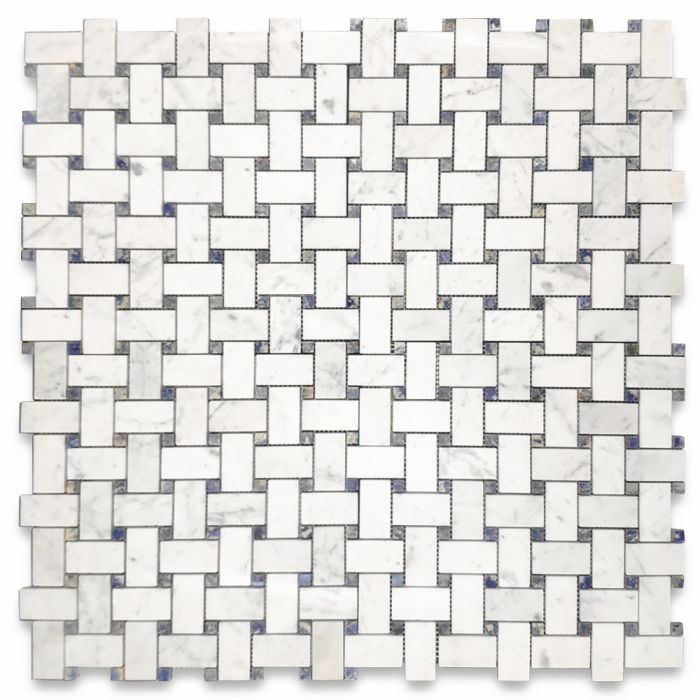Carrara White Marble 1x2 Basketweave Mosaic Tile w/ Azul