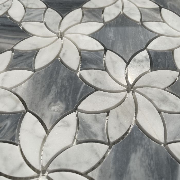 Italian Carrara White Marble Ice Flower Blossom Waterjet Mosaic