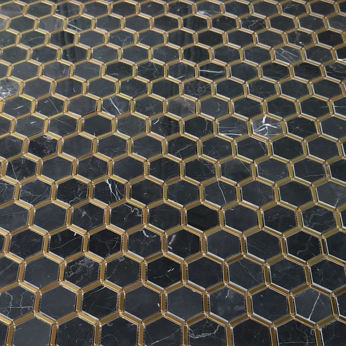 Nero Marquina Black Marble 2 inch Hexagon Mosaic Tile w/?Brass