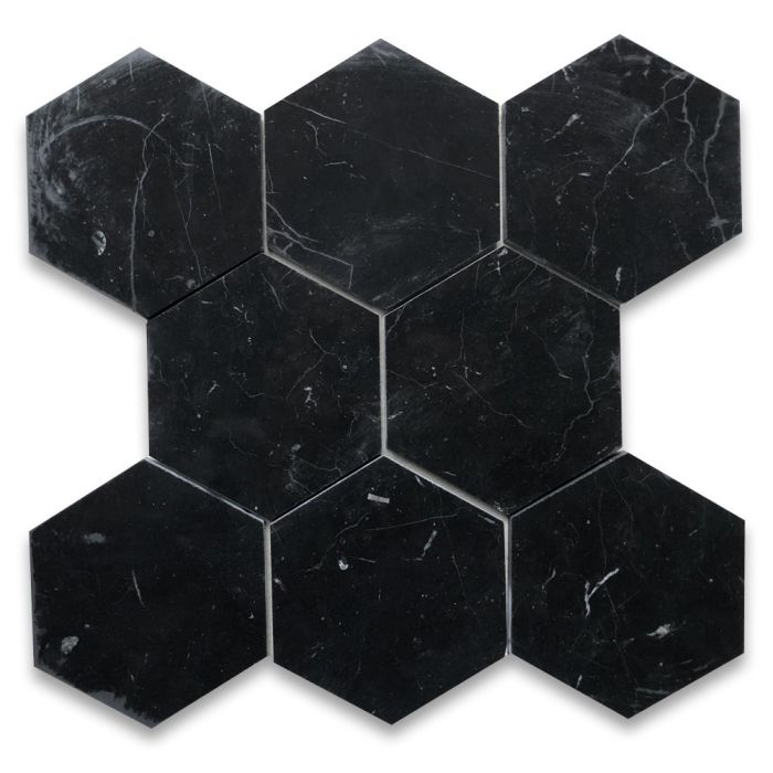 Nero Marquina Black Marble 6 inch Hexagon Tile Honed - Stone