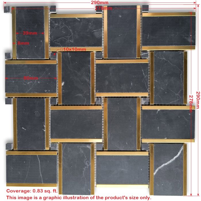★タグ付き新品【BORDERS & BALCONY 】ブラック 36 Nero Marquina Black Marble 2x3 Basketweave Mosaic Tile w/ Brass