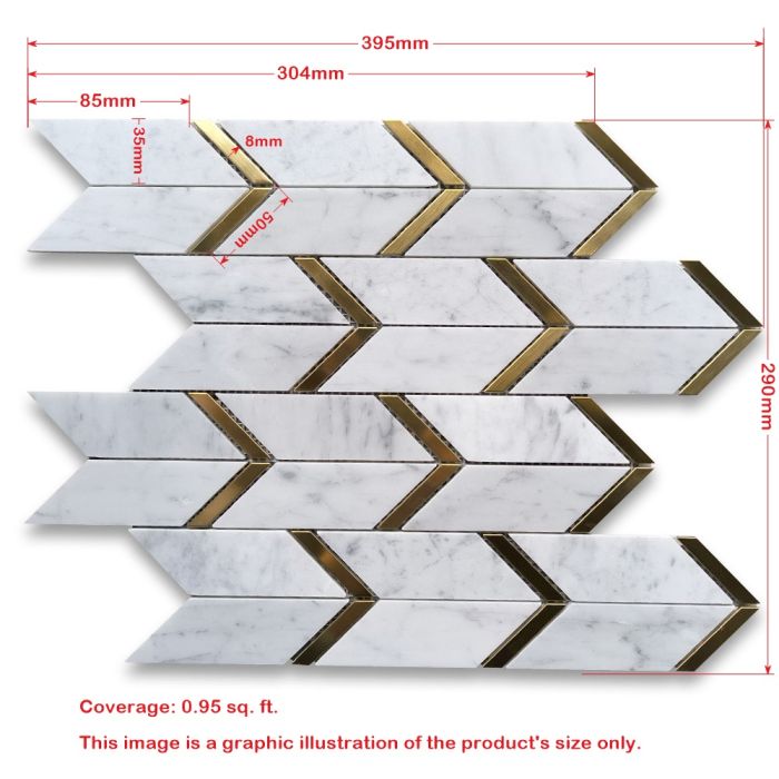 Carrara White Marble Arrow Chevron Mosaic Tile w/ Gold Brass