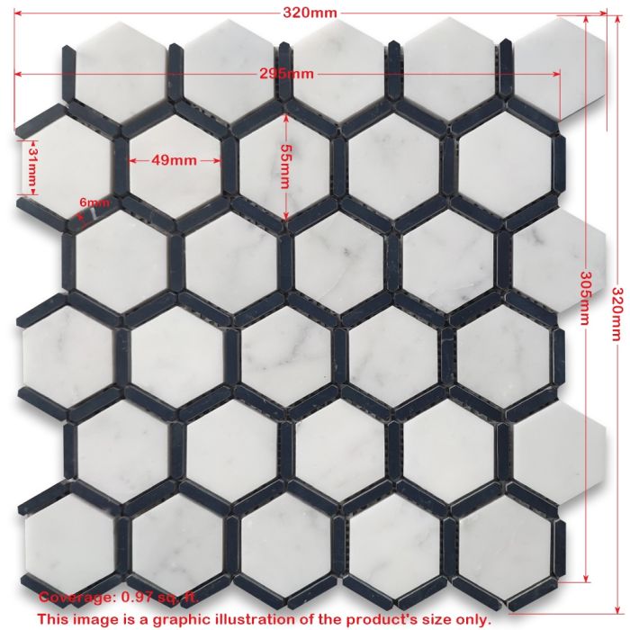 くろまろ Nero Marquina Black Marble 2 inch Hexagon Mosaic Tile w/?Brass