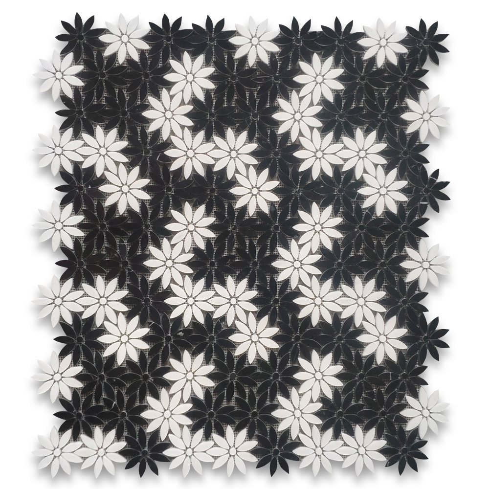 Nero Marquina Black Thassos White Marble Daisy Field Flower